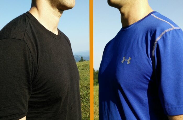 Polyester Vs. Merino Wool: Left Icebreaker Merino t-shirt, right Under Armour polyester t-shirt