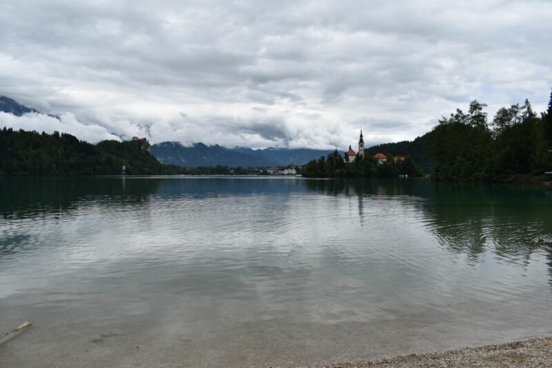 Lake Bled Osojnica hike - view on the island from Velika Zaka Beach
