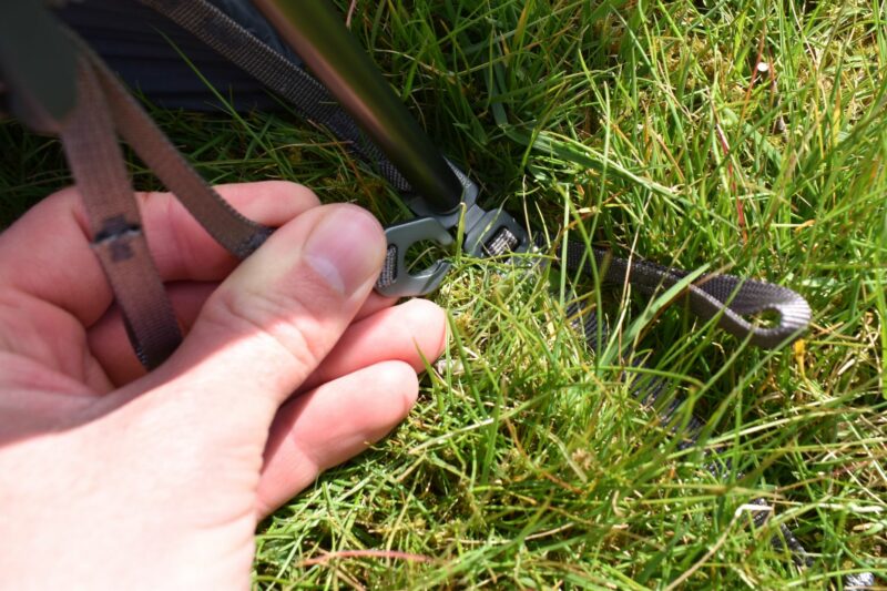 Sea to Summit Telos TR3 Tent - and the grey aluminum clips of the wide end of the fly clip onto the grey canopy feet