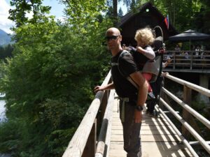 Hiking with a toddler - be sure to lower the cockpit of the child carrier backpack as the child grows