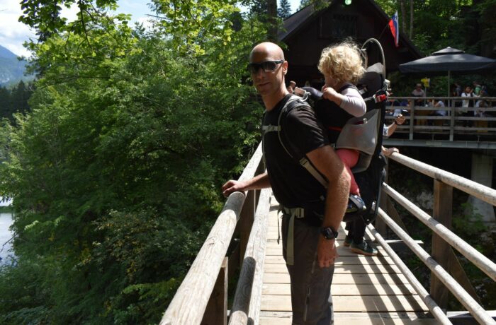 Hiking with a toddler - be sure to lower the cockpit of the child carrier backpack as the child grows